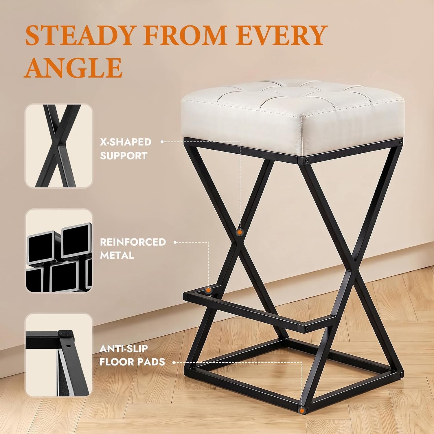 Set of 2 Cream White Faux Leather Counter Height Bar Stools, 26 Inches - Image 6