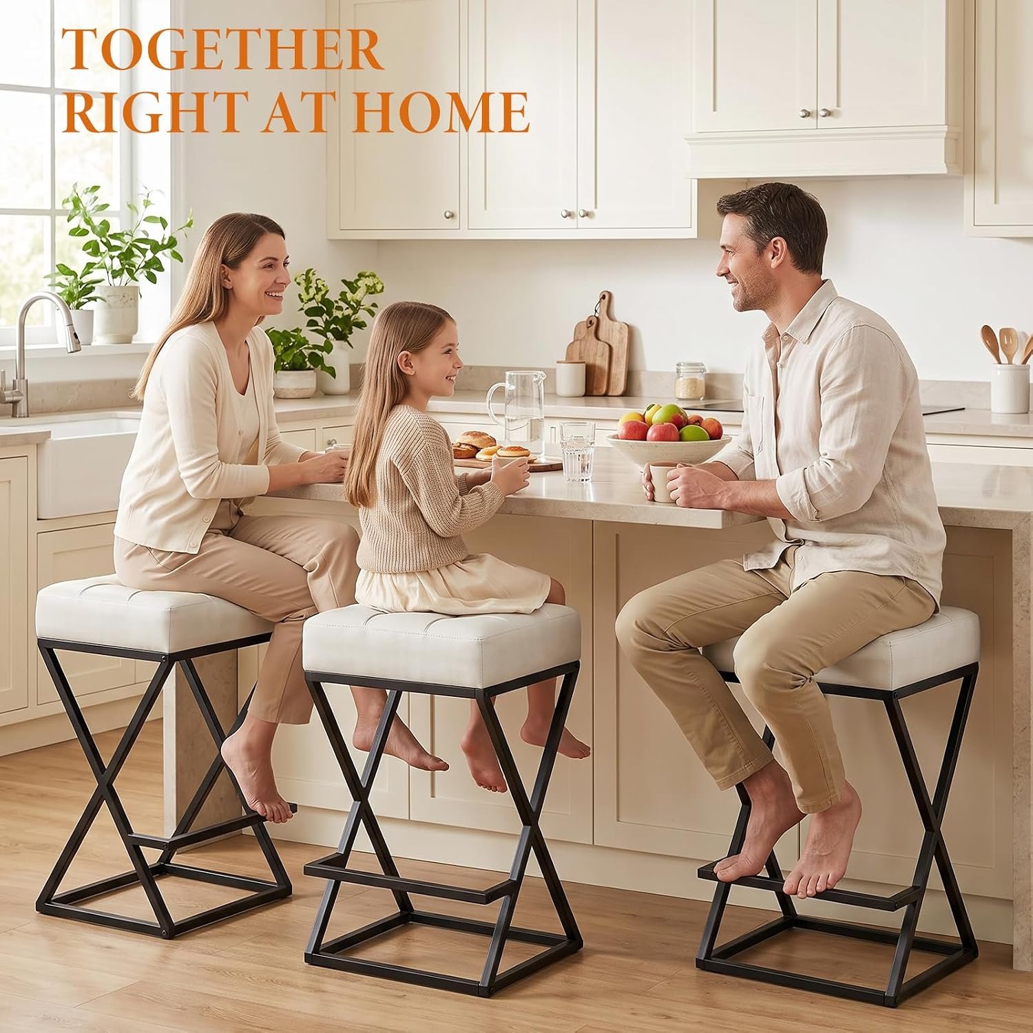 Set of 2 Cream White Faux Leather Counter Height Bar Stools, 26 Inches - Image 2