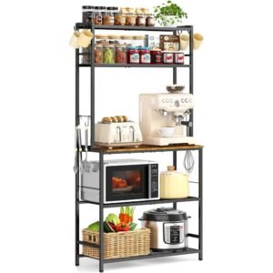 5-Tier Rustic Brown Kitchen Baker’s Rack with Microwave Stand, Adjustable Shelves and Storage Hooks