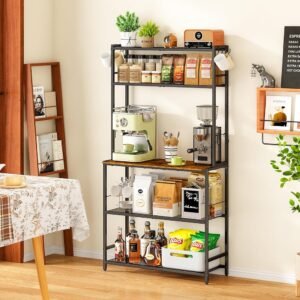 5-Tier Rustic Brown Kitchen Baker’s Rack with Microwave Stand, Adjustable Shelves and Storage Hooks