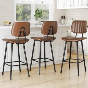 Set of 3 Dark Brown Leather Bar Stools with High Backrests, 29-Inch Seat Height