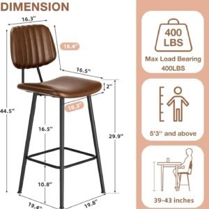 Set of 3 Dark Brown Leather Bar Stools with High Backrests, 29-Inch Seat Height