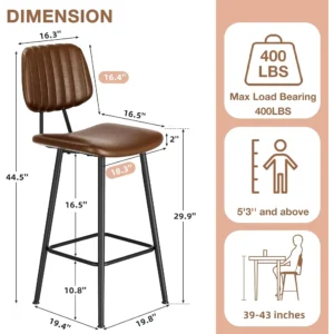 Set of 3 Dark Brown Leather Bar Stools with High Backrests, 29-Inch Seat Height