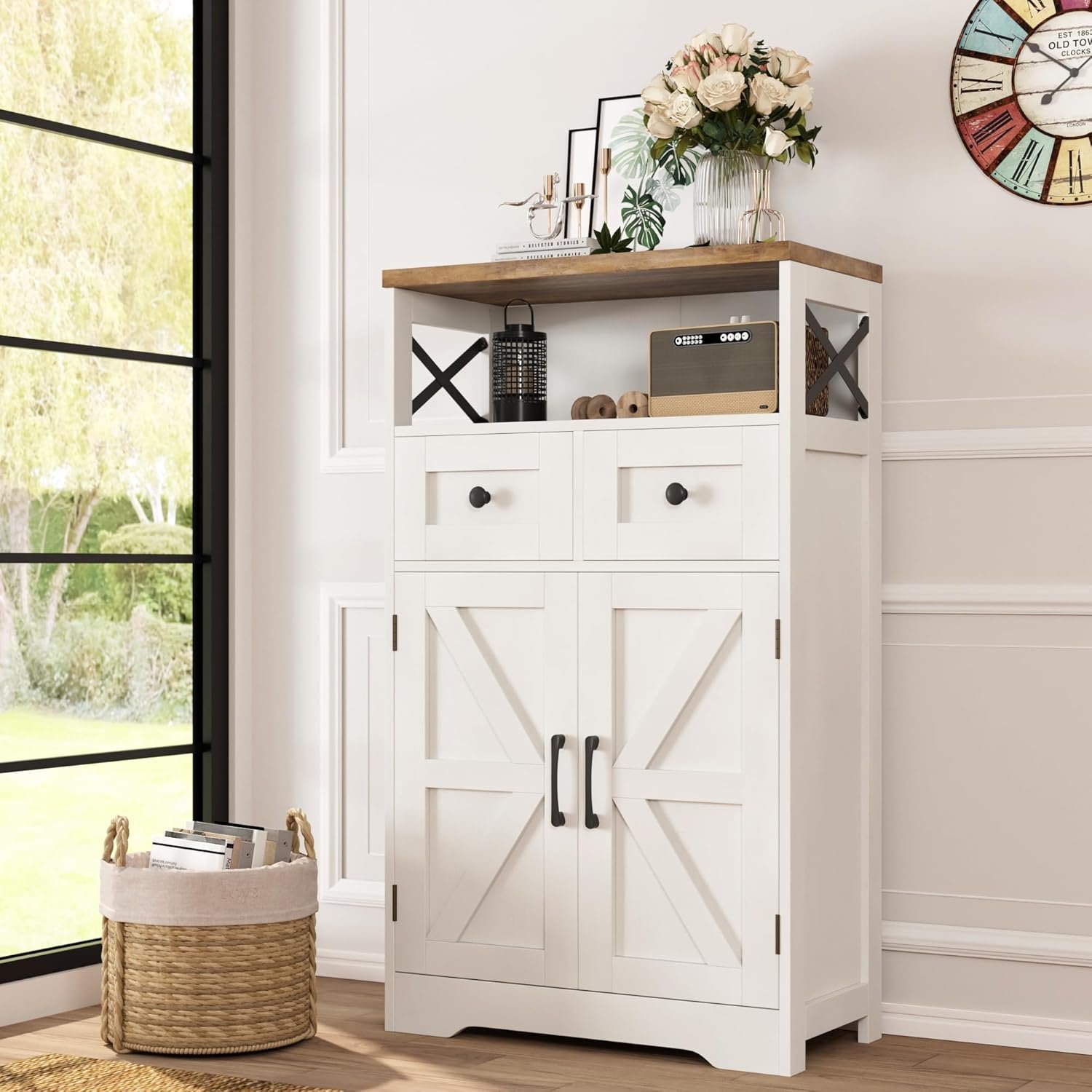 White Farmhouse Kitchen Pantry Storage Cabinet with Drawers