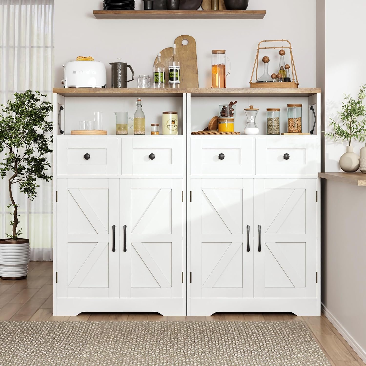 White Farmhouse Kitchen Pantry Storage Cabinet with Drawers - Image 4