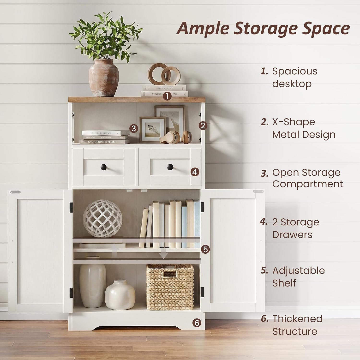 White Farmhouse Kitchen Pantry Storage Cabinet with Drawers - Image 6