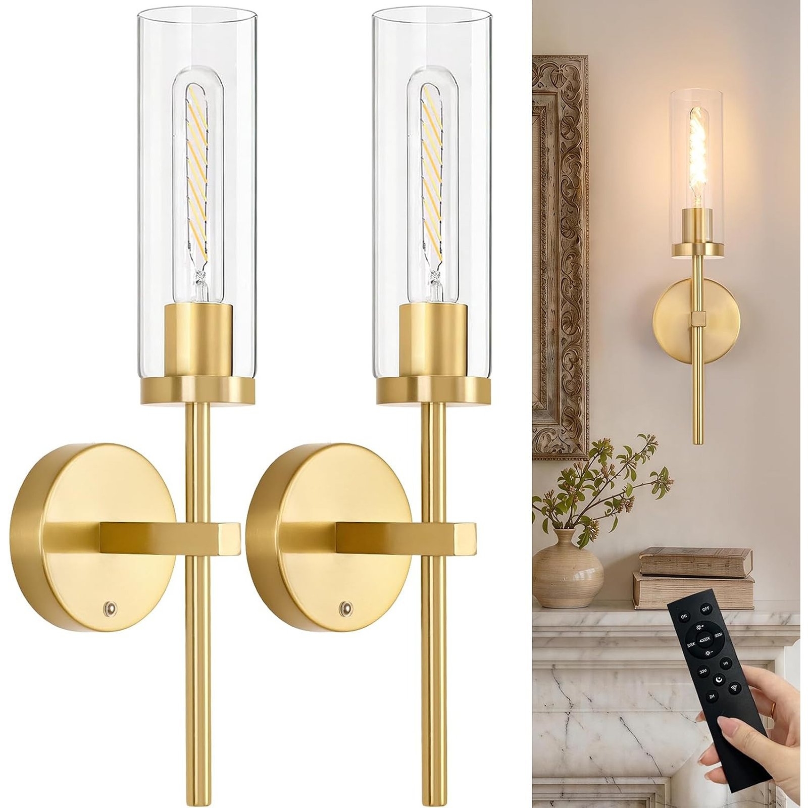 Set of 2 Rechargeable Gold Wall Sconces with Remote Control, Dimmable Lighting and Glass Shades