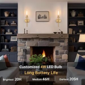Set of 2 Rechargeable Gold Wall Sconces with Remote Control, Dimmable Lighting and Glass Shades