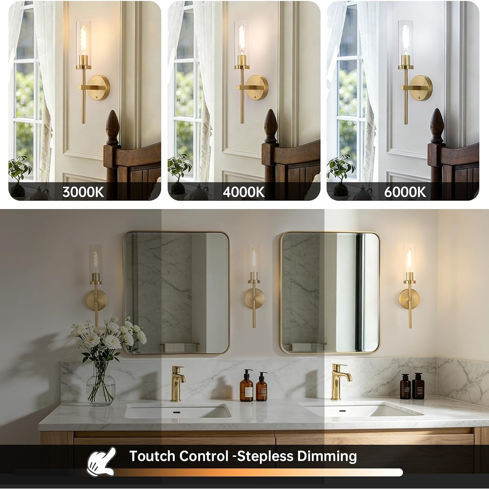 Set of 2 Rechargeable Gold Wall Sconces with Remote Control, Dimmable Lighting and Glass Shades - Image 3
