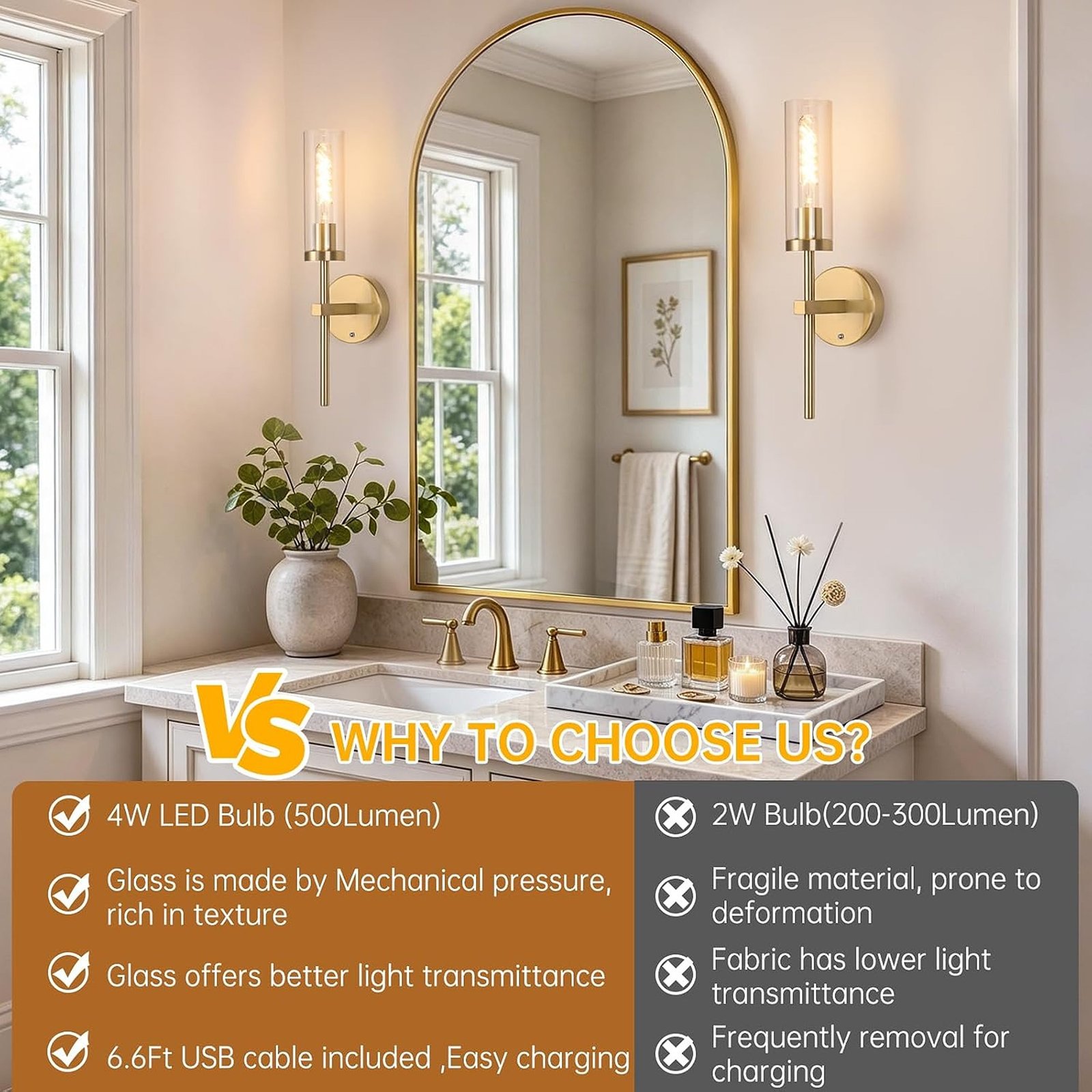Set of 2 Rechargeable Gold Wall Sconces with Remote Control, Dimmable Lighting and Glass Shades - Image 4