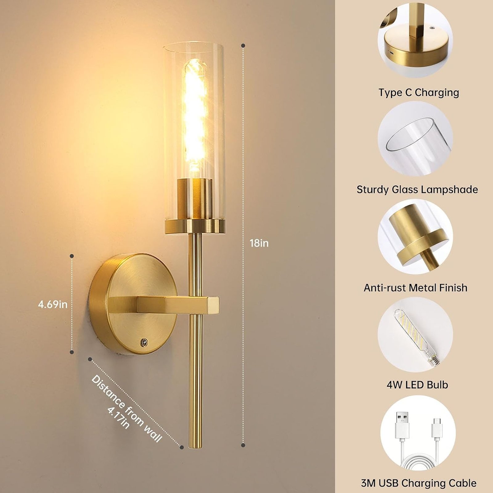 Set of 2 Rechargeable Gold Wall Sconces with Remote Control, Dimmable Lighting and Glass Shades - Image 5