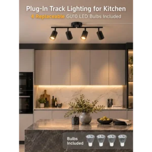 4-Light Adjustable LED Track Lighting Kit with Remote Control and Plug-In Design, Black