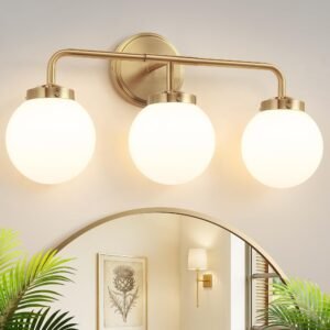 3-Light Bathroom Vanity Wall Fixture with Brushed Gold Finish and Frosted Glass Shades