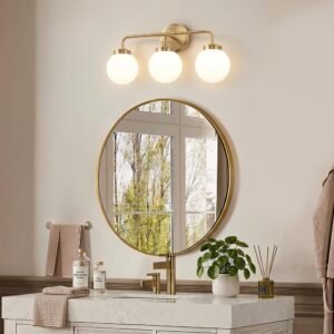 3-Light Bathroom Vanity Wall Fixture with Brushed Gold Finish and Frosted Glass Shades