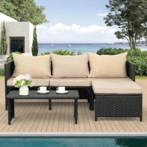 3-Piece Black PE Rattan Outdoor Patio Conversation Set with Khaki Cushions