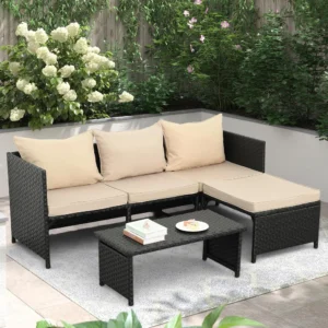 3-Piece Black PE Rattan Outdoor Patio Conversation Set with Khaki Cushions