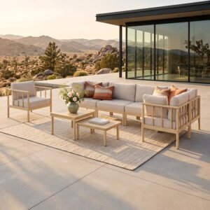 6-Seater Modular Acacia Wood Outdoor Patio Sectional Sofa Set in Beige