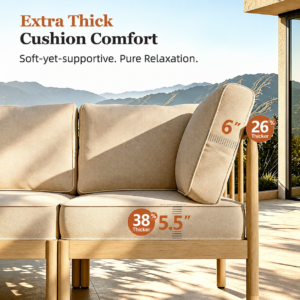 6-Seater Modular Acacia Wood Outdoor Patio Sectional Sofa Set in Beige