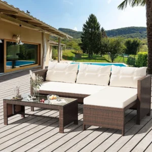 3-Piece All-Weather Wicker Rattan Outdoor Patio Seating Set with Beige Cushions and Glass Coffee Table