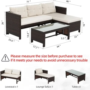 3-Piece All-Weather Wicker Rattan Outdoor Patio Seating Set with Beige Cushions and Glass Coffee Table