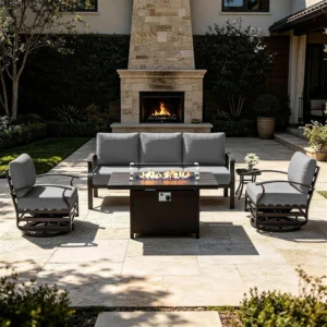 5-Seat Aluminum Outdoor Patio Conversation Set with Propane Fire Pit Table and Swivel Rocking Chairs, Gray