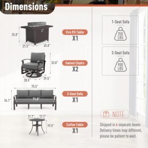 5-Seat Aluminum Outdoor Patio Conversation Set with Propane Fire Pit Table and Swivel Rocking Chairs, Gray