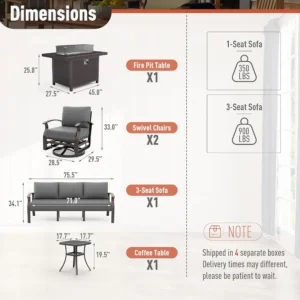 5-Seat Aluminum Outdoor Patio Conversation Set with Propane Fire Pit Table and Swivel Rocking Chairs, Gray
