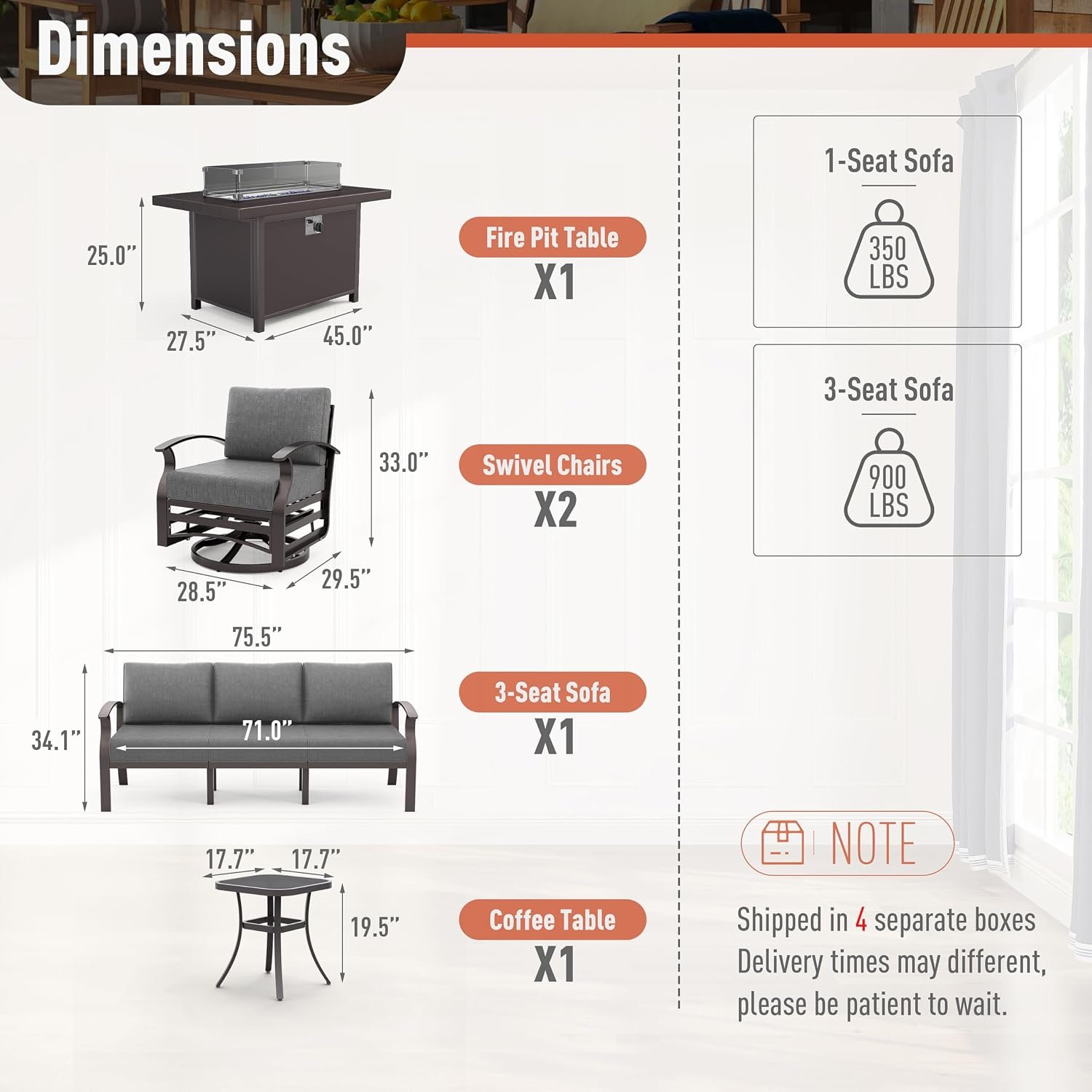 5-Seat Aluminum Outdoor Patio Conversation Set with Propane Fire Pit Table and Swivel Rocking Chairs, Gray - Image 2