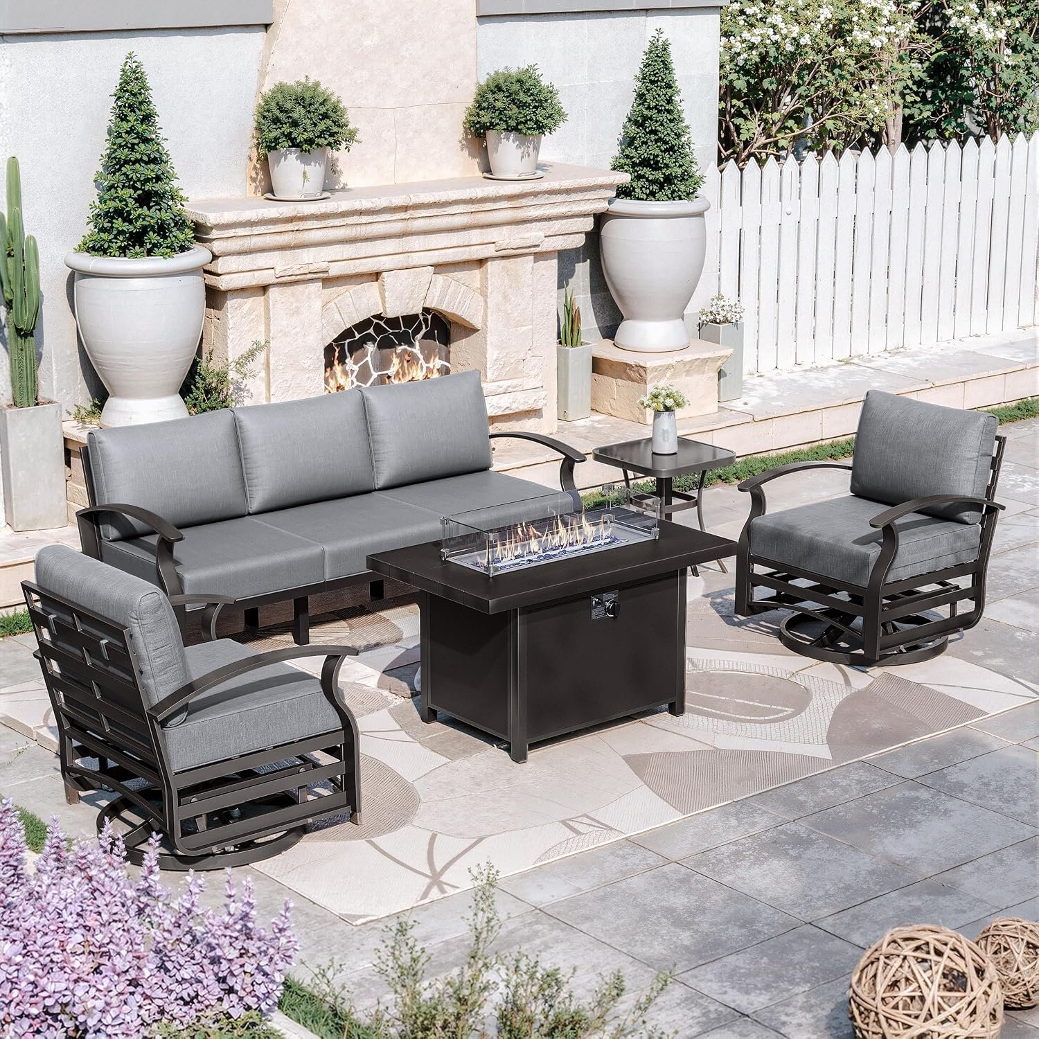 5-Seat Aluminum Outdoor Patio Conversation Set with Propane Fire Pit Table and Swivel Rocking Chairs, Gray - Image 3