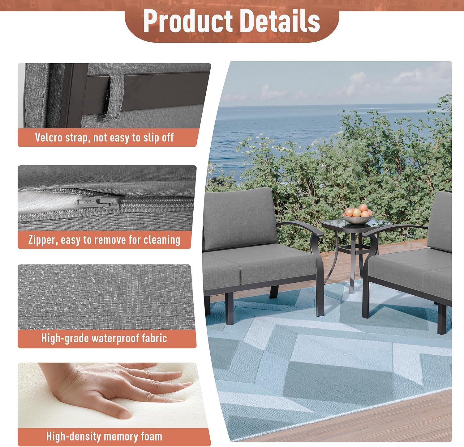 5-Seat Aluminum Outdoor Patio Conversation Set with Propane Fire Pit Table and Swivel Rocking Chairs, Gray - Image 5