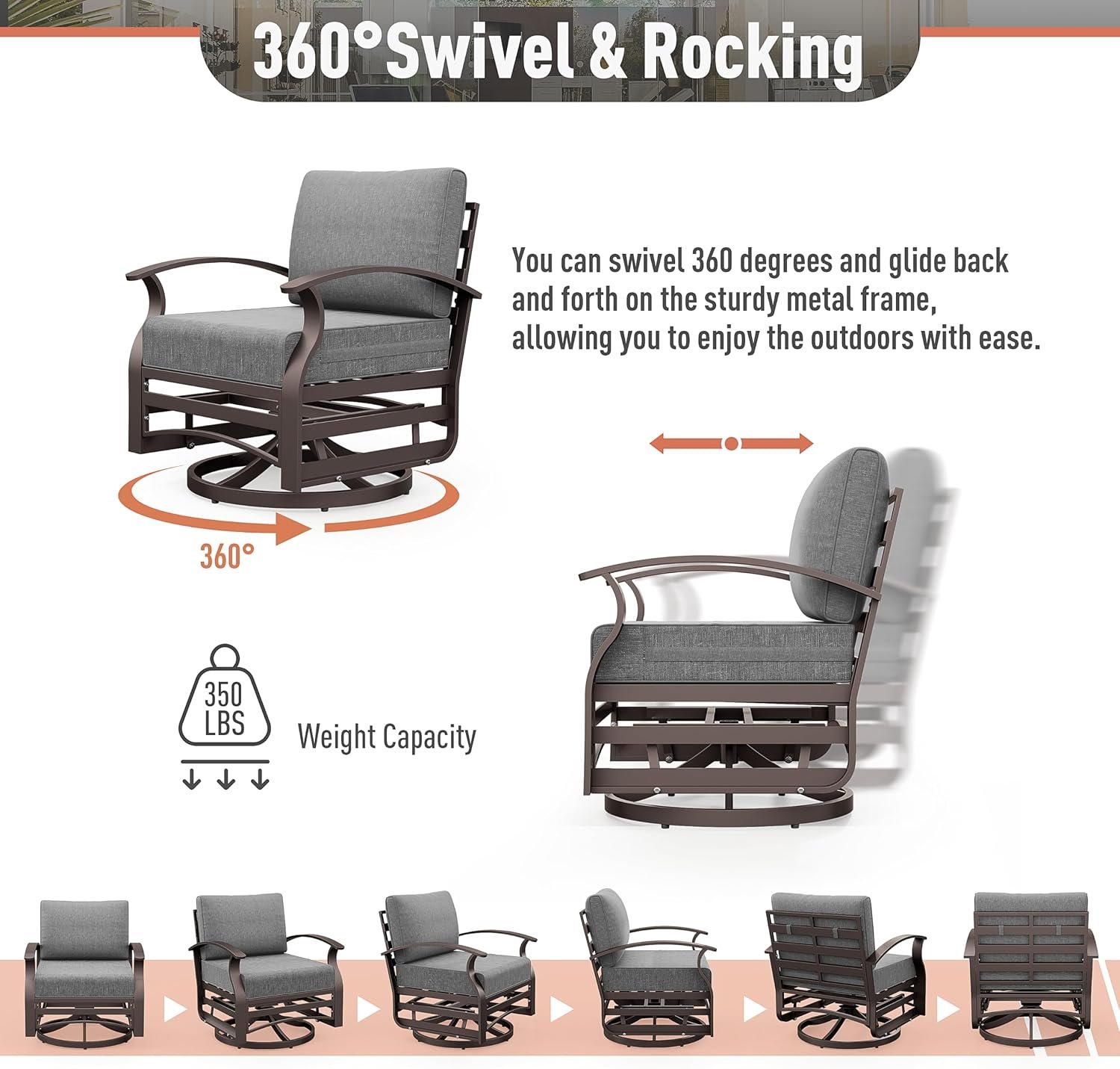 5-Seat Aluminum Outdoor Patio Conversation Set with Propane Fire Pit Table and Swivel Rocking Chairs, Gray - Image 6