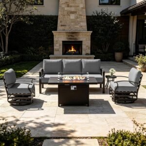 5-Seat Aluminum Outdoor Patio Conversation Set with Propane Fire Pit Table and Swivel Rocking Chairs, Gray