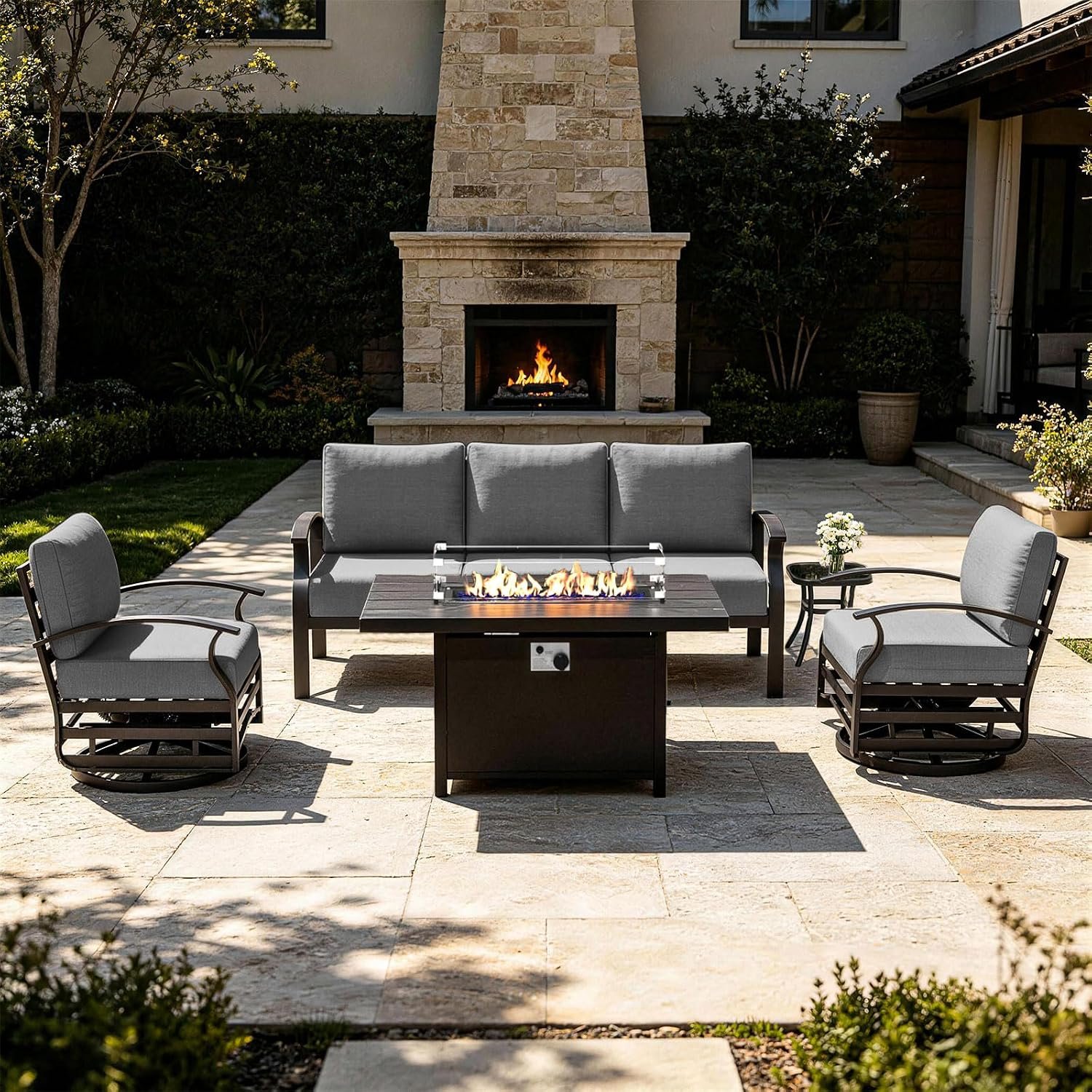 5-Seat Aluminum Outdoor Patio Conversation Set with Propane Fire Pit Table and Swivel Rocking Chairs, Gray