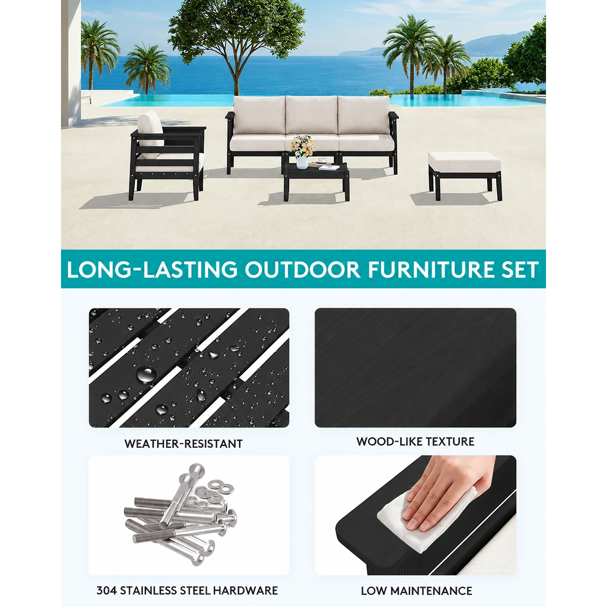 6-Piece All-Weather HDPE Outdoor Patio Sectional Sofa Set - Image 3