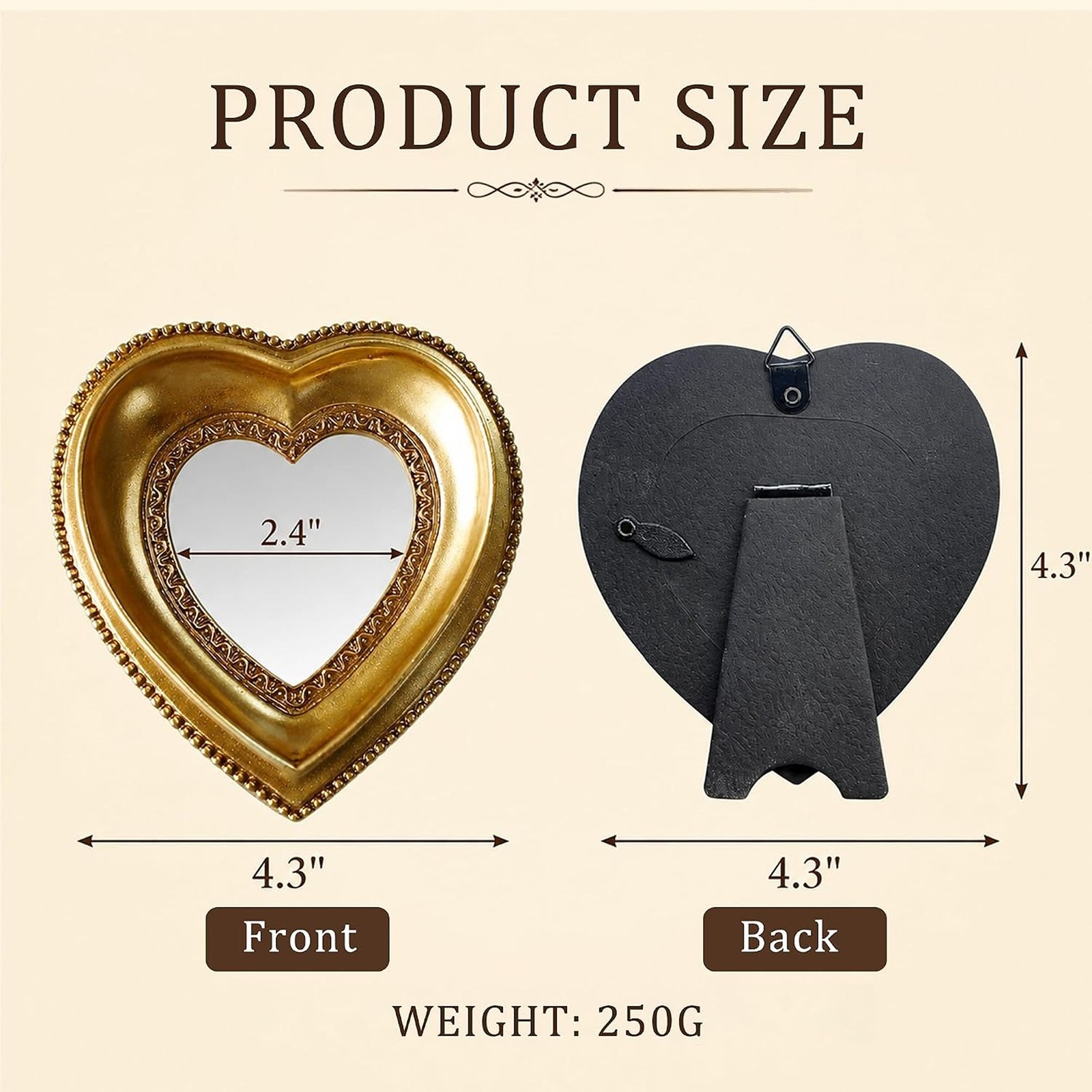 4.3-Inch Mini Vintage Heart-Shaped Mirror with Ornate Gold Resin Frame - Image 5