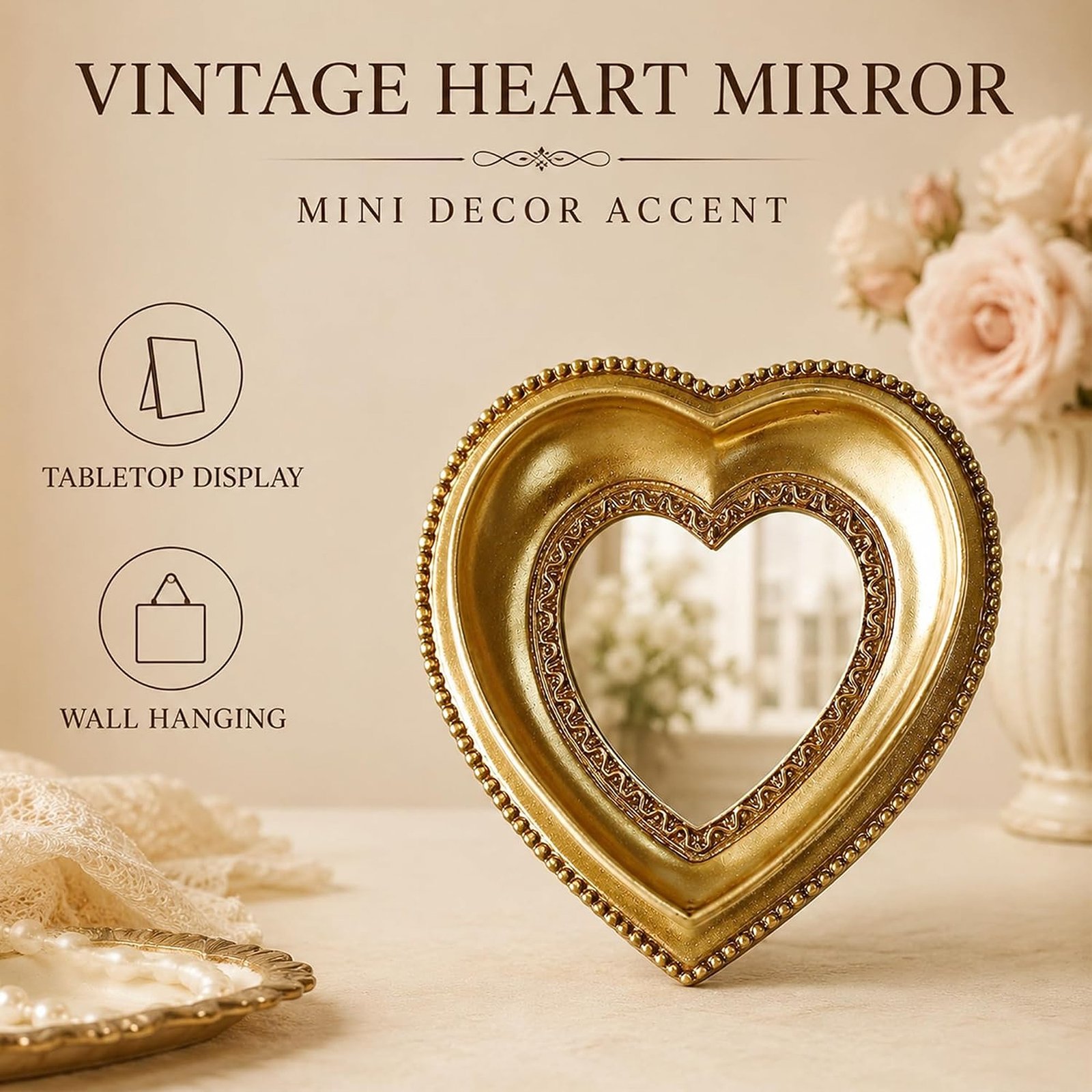 4.3-Inch Mini Vintage Heart-Shaped Mirror with Ornate Gold Resin Frame - Image 4