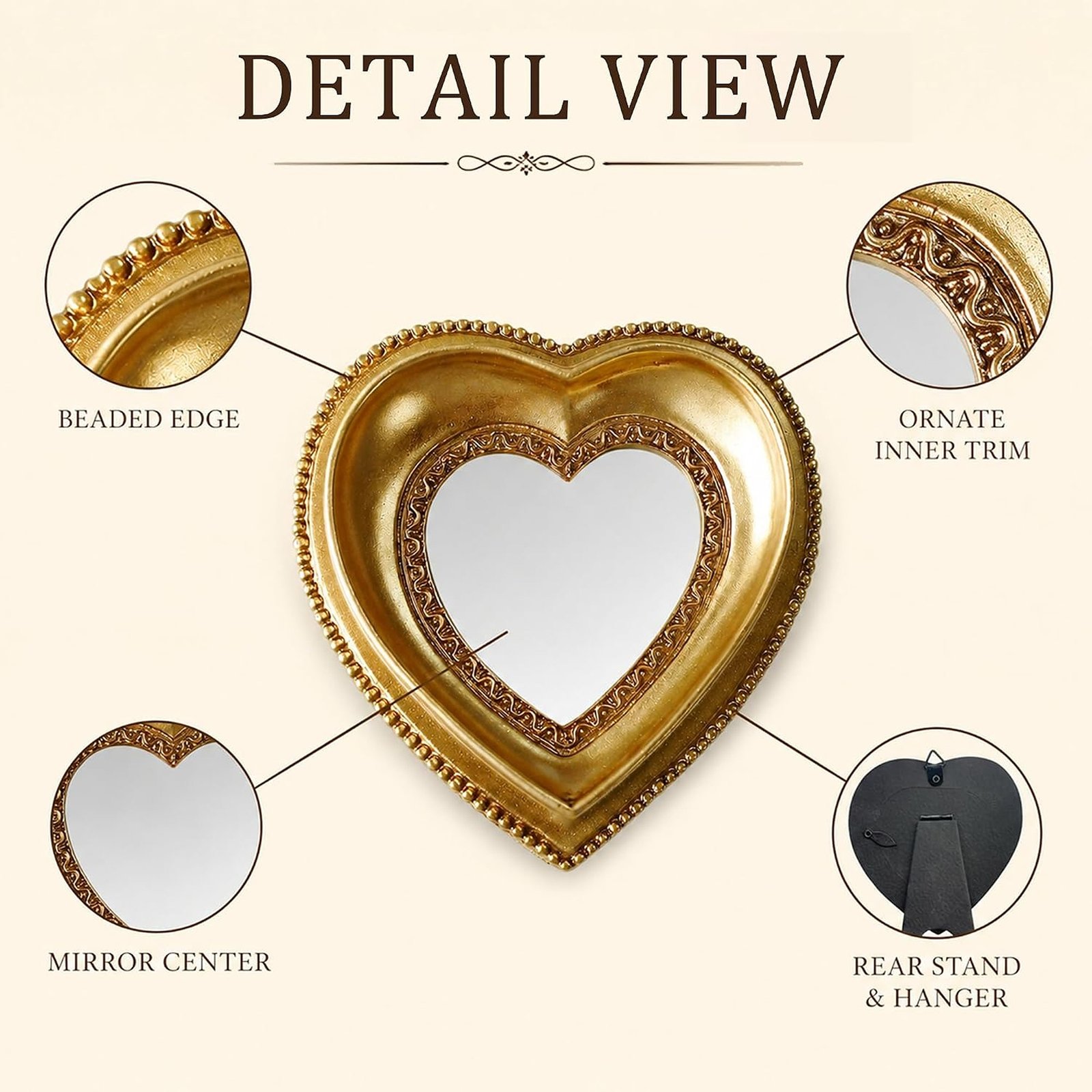 4.3-Inch Mini Vintage Heart-Shaped Mirror with Ornate Gold Resin Frame - Image 3