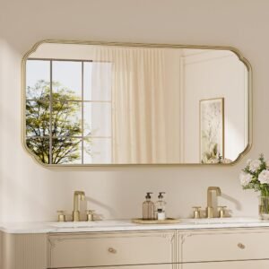 48 x 24 Inch Scalloped Bathroom Wall Mirror with Brushed Gold Aluminum Frame