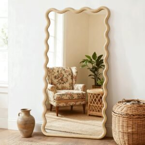 55 x 28 Inch Full-Length Wavy Wood Frame Mirror for Floor or Wall