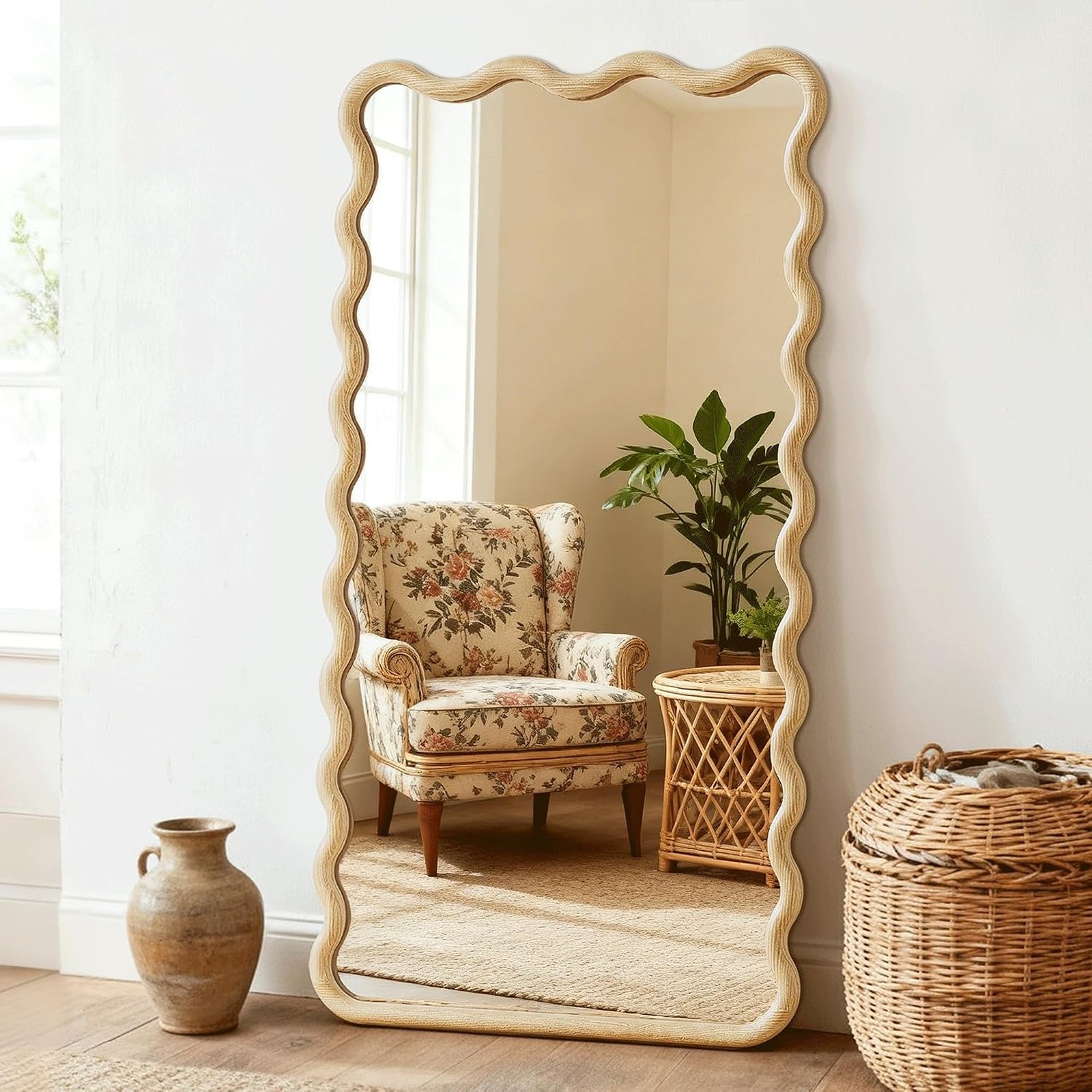 55 x 28 Inch Full-Length Wavy Wood Frame Mirror for Floor or Wall