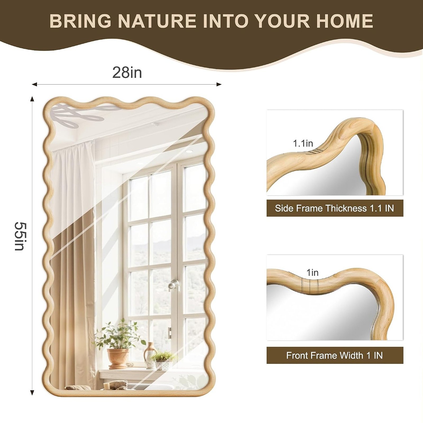 55 x 28 Inch Full-Length Wavy Wood Frame Mirror for Floor or Wall - Image 2