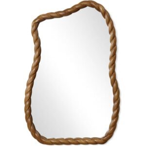 24 x 36 Inch Asymmetrical Wall Mirror with Carved Rope Wood Frame