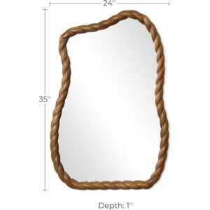 24 x 36 Inch Asymmetrical Wall Mirror with Carved Rope Wood Frame
