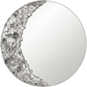 9-Inch Silver Moon-Shaped Acrylic Wall Mirror with Textured Lunar Design