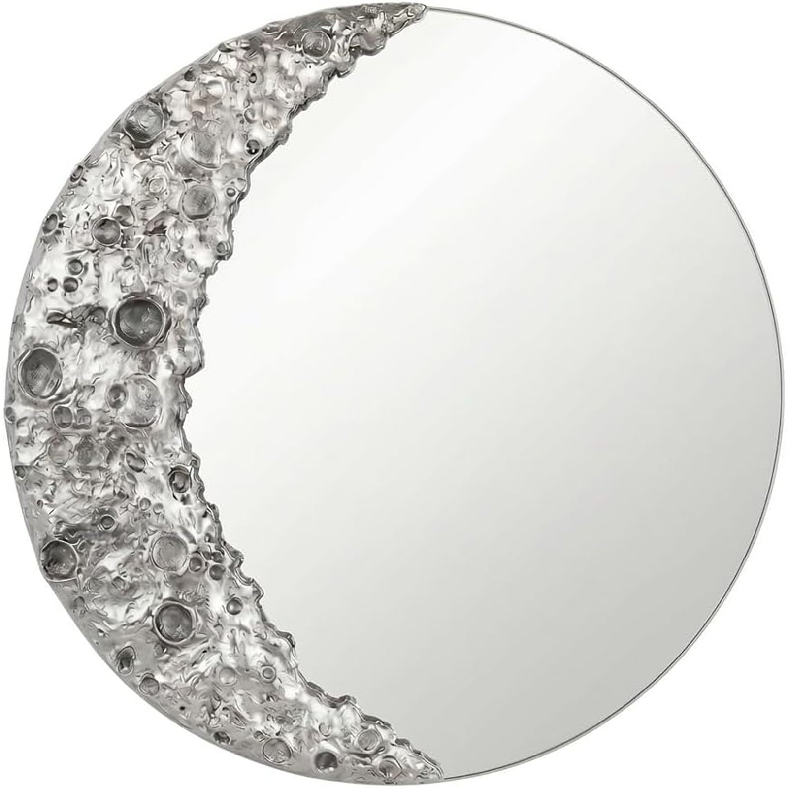 9-Inch Silver Moon-Shaped Acrylic Wall Mirror with Textured Lunar Design