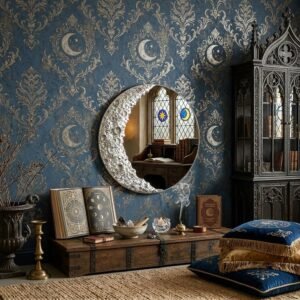 9-Inch Silver Moon-Shaped Acrylic Wall Mirror with Textured Lunar Design