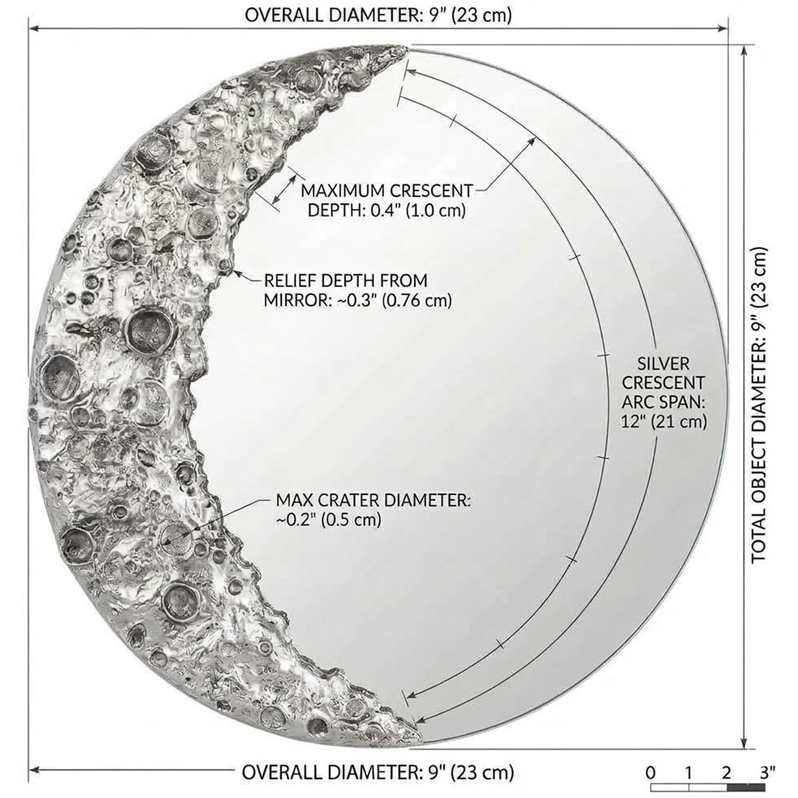 9-Inch Silver Moon-Shaped Acrylic Wall Mirror with Textured Lunar Design - Image 4