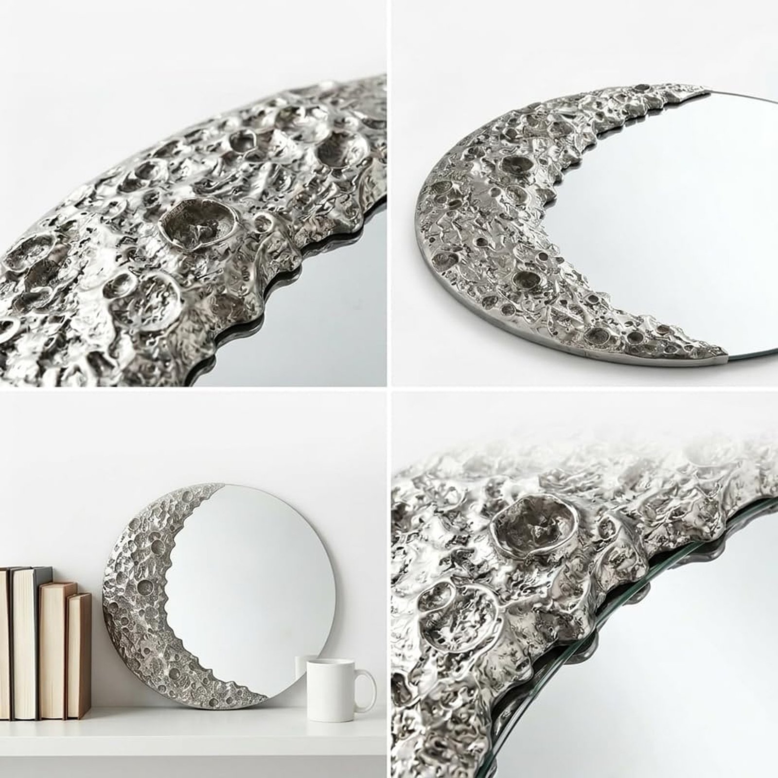 9-Inch Silver Moon-Shaped Acrylic Wall Mirror with Textured Lunar Design - Image 3