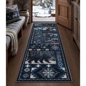 2 x 6 Ft Blue Rustic Cabin Runner Rug for Hallway and Entryway