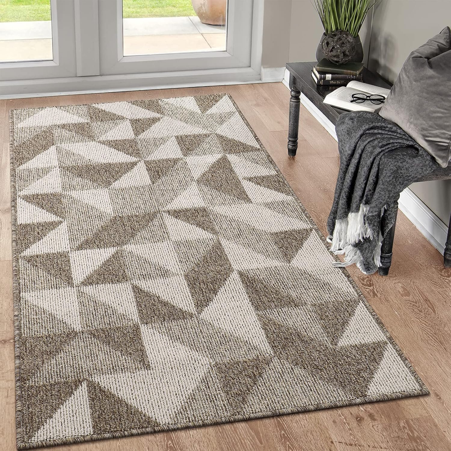 36 x 59 Inch Brown Geometric Indoor Doormat with Absorbent Surface, Non-Slip Rubber Backing and Washable Design